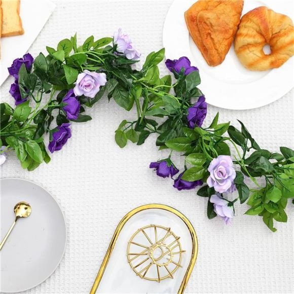 2PCS Fake Rose Garland, 7.9FT Artificial Vines Flowers Hanging Silk Rose, Purple - Picture 4 of 6